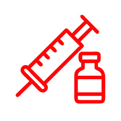 A bold red icon of a syringe and vaccine bottle, suitable for healthcare, vaccination, and medical awareness campaigns.
