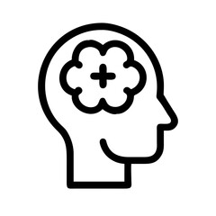 A clean black outline icon of a human head with a plus symbol in the brain area, symbolizing mental health, well-being, and medical care.