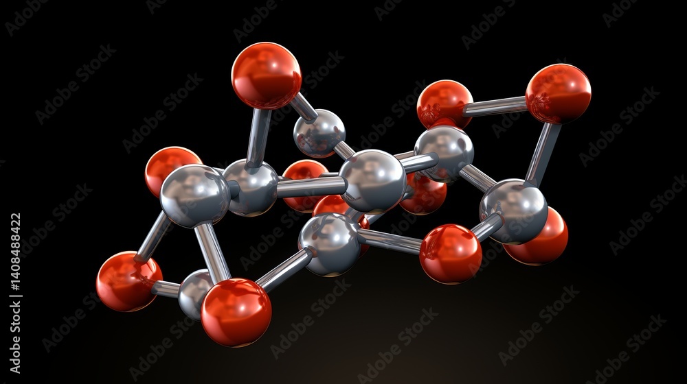 Poster a close up view of a molecular structure with red and silver spheres on a black background in a stud
