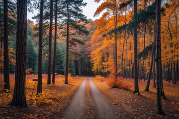Fototapeta premium Picturesque Autumn Pine Forest Hiking Trail in Beautiful Scenic Park