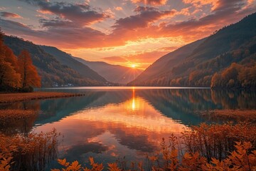 Obraz premium Breathtaking Autumn Sunrise at Lacu Rosu Lake in Harghita County Romania