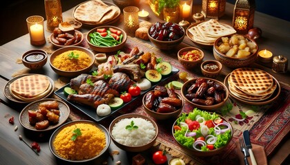 Eid al-Adha family feast with grilled meat, rice, salad and dates on a festive table in warm lighting