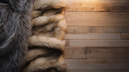 Obraz premium A wooden wall with fur on the left side, a flat lay composition. The background is made of natural wood