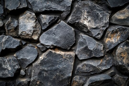 Black stone wall texture ideal for interior design or wallpaper. Dark rock surface in a dimly lit room, featuring 2/3 space for text overlay. Perfect for modern aesthetics. - Powered by Adobe