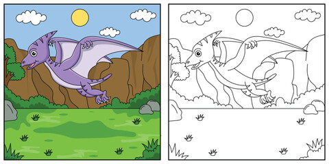 cute cartoon dinosaur Pterodactyl, funny illustration, coloring book for kids and children. © styo