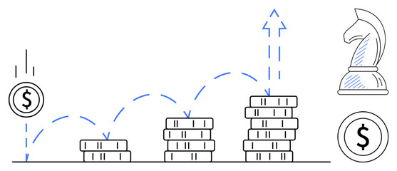 Coin stacks growing step-by-step with arrow movement, knight chess piece symbolizing strategy. Ideal for investment, business planning, strategy, growth, finance, development innovation. Flat simple