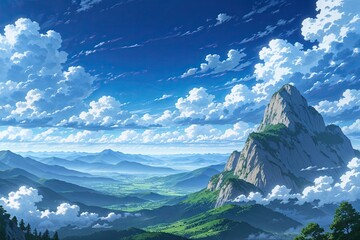Anime Mountain Landscape Serenity with Blue Skies and Clouds