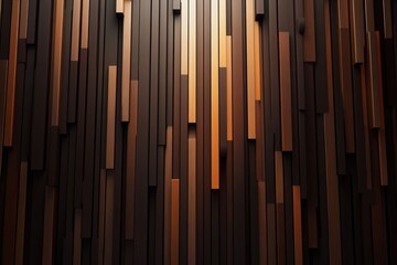 Abstract modern wallpaper design featuring dark brown vertical wood strips. Ultra-realistic 3D rendering with cinematic lighting showcases textured wall panel. 8K resolution.