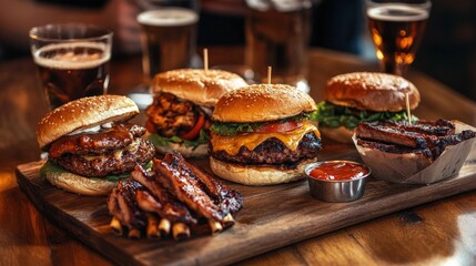 Delicious burgers and ribs served on wooden board with beer