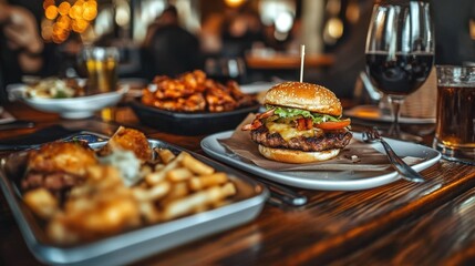 Delicious burger with garnish and side dishes served on restaurant table