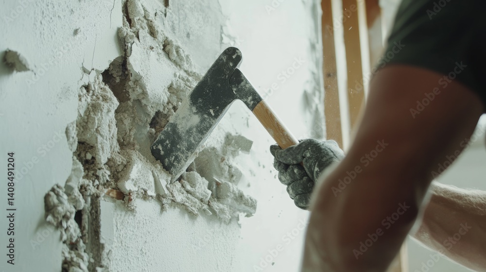 Fototapete Demolition worker using a wrecking bar to dismantle an interior partition. Featuring controlled deconstruction