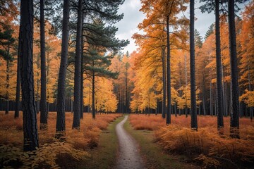 Fototapeta premium Serene Pine Trail in Finnish Arboretum Enjoy Autumn Woodland Views