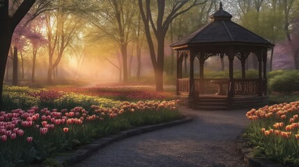 Obraz premium Enchanting Garden Scene with Vibrant Tulips and Serene Pavilion at Sunset