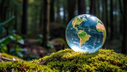 Earth in the forest: a detailed photograph of a glass globe with an image of Earth lying on moss in a forest.
Nature and planet: a modern interpretation of the connection between nature and the planet