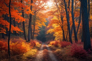 Obraz premium Enchanting Autumn Forest Scene with Sunlit Trail and Vibrant Foliage