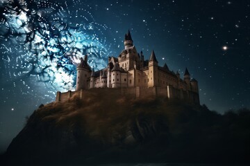 Obraz premium A medieval castle floating in space, surrounded by stars and nebulae 