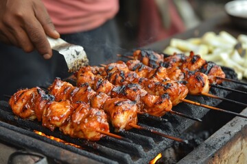 Honey-glazed grilled chicken thighs and drumsticks, charred to perfection and served hot The vibrant golden-brown skin adds texture and depth to the image