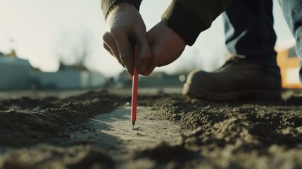 Surveyor marking precise locations on a construction site. Featuring accuracy and expertise