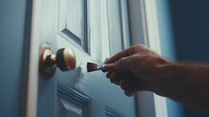 Painter applying finishing touches to a painted door. Featuring focus and attention to detail
