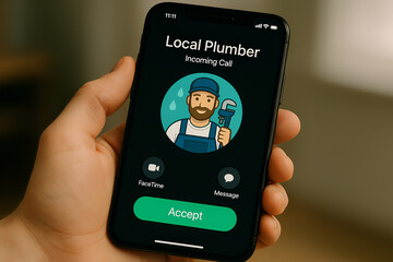 mobile phone in hand, A call from a  local plumber is visible on the mobile phone screen