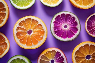 Vibrant Citrus Fruit Halves Against Bold Lilac Backgrounds Highlighting Refreshing Tropical Sweetness and Zesty Texture