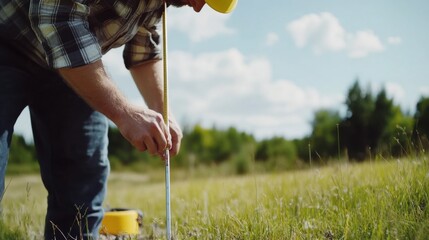 Surveyor marking property lines with a survey rod. Featuring precision and planning