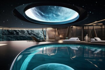 A hyper-luxury space resort with pools that reflect nebulae, elite lifestyle 