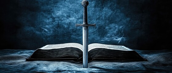 Ancient scripture, a sword of light, lies open.