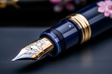 Elegant fountain pen showcase office desk product photography sophisticated setting close-up view artistic details