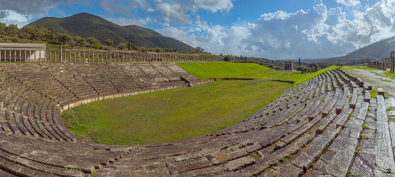 Archaeological site of Ancient Messene, UNESCO World Heritage, Peloponnese, Greece, Ancient stadium at Olympia, Greece, under cloudy skies