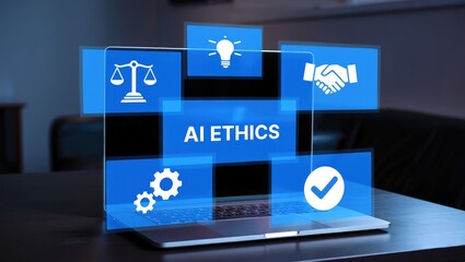 Fototapeta premium AI Ethics and Governance in Artificial Intelligence. A person working on laptop with icons representing ethics, law, and governance in AI, importance of responsible AI usage, ethical decision-making,