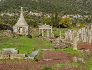 Archaeological site of Ancient Messene, UNESCO World Heritage, Peloponnese, Greece, Ancient Greek ruins on a hillside with village above