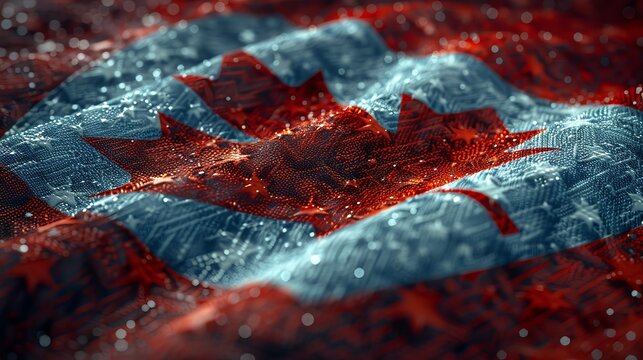Canadian Flag With Printed Circuit Board Texture, Water Droplets, And Shallow Depth Of Field