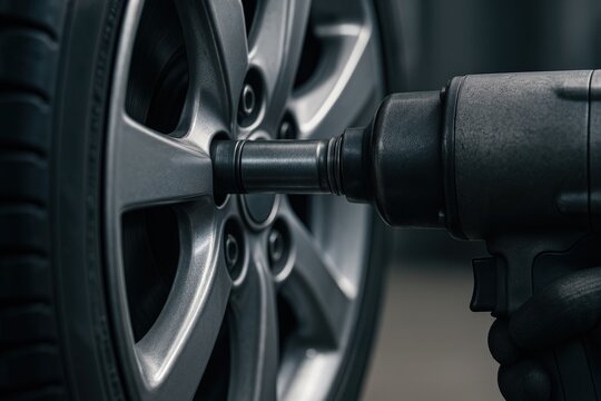 Close-up of a mechanic tightening a car wheel lug nut with an impact wrench in a professional garage environment.
