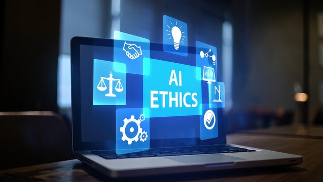 AI Ethics and Governance in Artificial Intelligence. A person working on laptop with icons representing ethics, law, and governance in AI, importance of responsible AI usage, ethical decision-making,