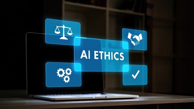 AI Ethics and Governance in Artificial Intelligence. A person working on laptop with icons representing ethics, law, and governance in AI, importance of responsible AI usage, ethical decision-making,