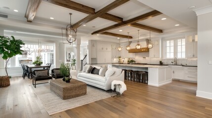 Beautiful living room and kitchen in new luxury home with white cabinets, wood beams, pendant lights and hardwood floors 