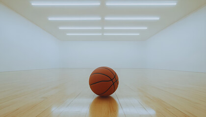 Basketball bouncing on hardwood court in arena. basketball resting on the hardwood court of an arena, poised for the excitement of the upcoming game and the thrill of competition