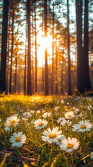 Obraz premium Sunlit Daisies in a Golden Forest