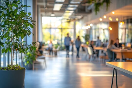Open-plan office with panoramic windows and ergonomic design