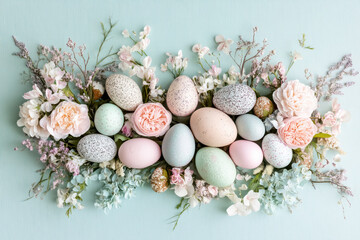 Obraz premium Easter egg arrangement with pastel flowers for a cheerful spring celebration