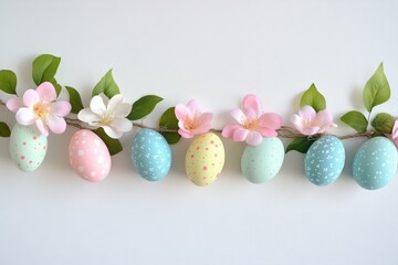 Easter egg garland with pastel colors and delicate flowers for festive decoration. Copy space