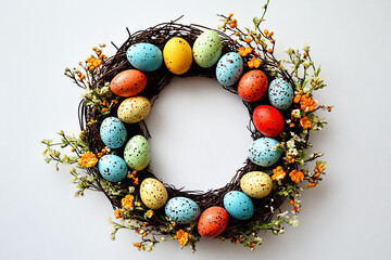 Colorful Easter egg wreath decorated with flowers for spring festivities. Copy space