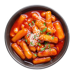 Tteokbokki: A close-up, inviting top-down shot of a bowl brimming with traditional Korean tteokbokki, showcasing the vibrant colors and delicious textures.