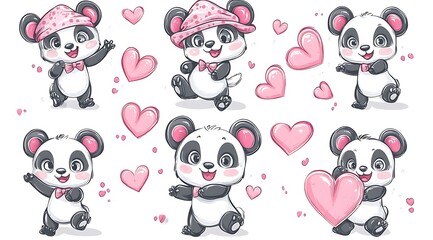 Fototapeta premium design cute animal sticker wear suite with line color style more action in white background isolated on white,clip art ,remain space between border each corner and rainbow and toy and hat and heart 
