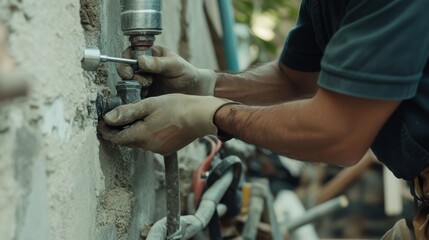 Plumber fixing a pipe connection at a construction site. Featuring expertise and focus
