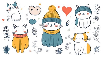 design cute animal sticker wear suite with line color style more action in white background isolated on white,clip art ,remain space between border each corner and rainbow and toy and hat and heart
