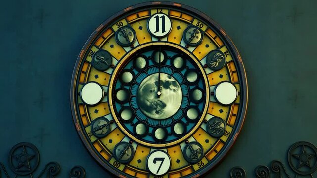 Vintage astronomical clock with zodiac signs reflecting whimsigothic design elements in a mystical gothic aesthetic