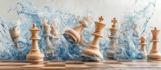 Chess pieces submerged in a torrent of water.