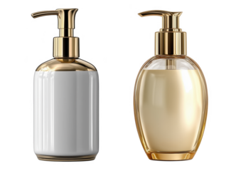 Luxury soap or cream pump bottles with gold caps and reflective surfaces on a transparent background